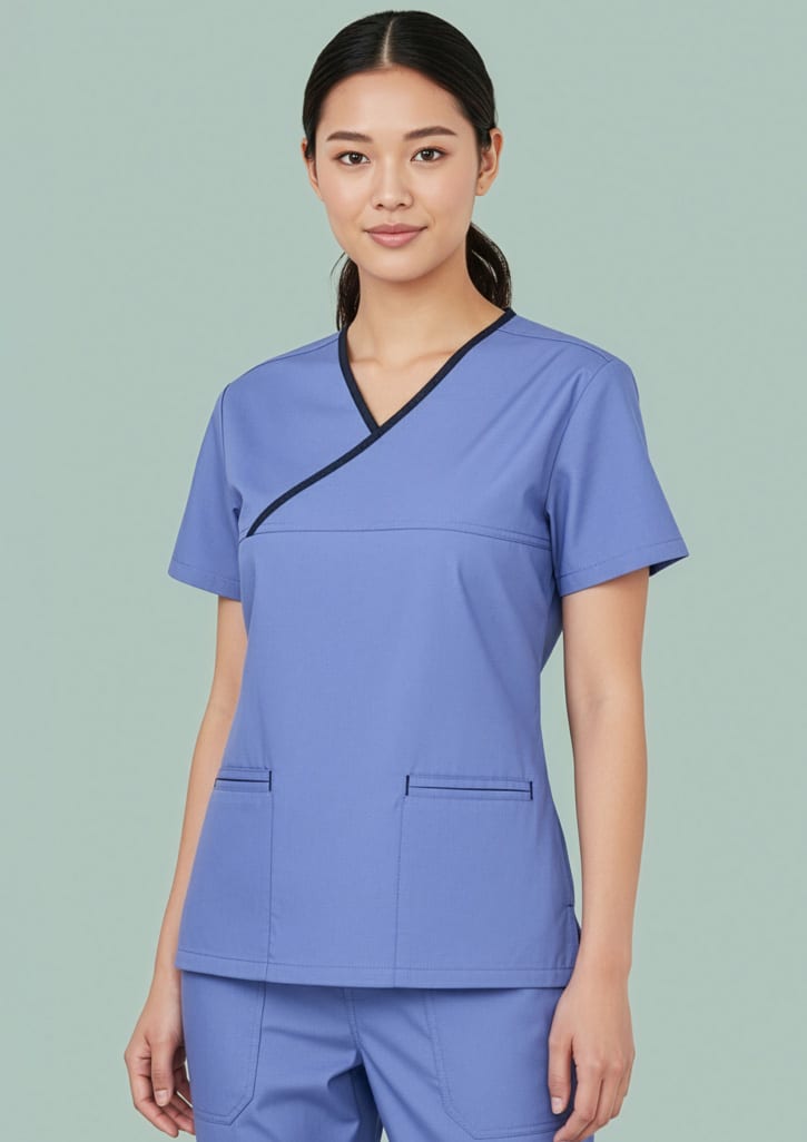 h10722_talent_midblue_navy_01.jpg Classic Womens Contrast Crossover Scrub Top