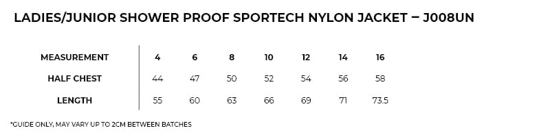 j008un_sizeguide.jpg Womens/Junior Shower Proof Sportech Nylon Jacket