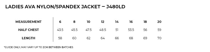 j480ld_sizeguide.jpg Womens AVA Nylon/Spandex Jacket