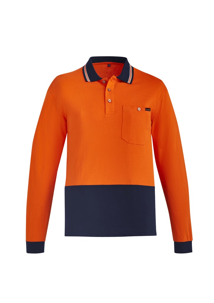 zh430_product_orange_navy_01.jpg Mens Hi Vis Cotton Long Sleeve Polo