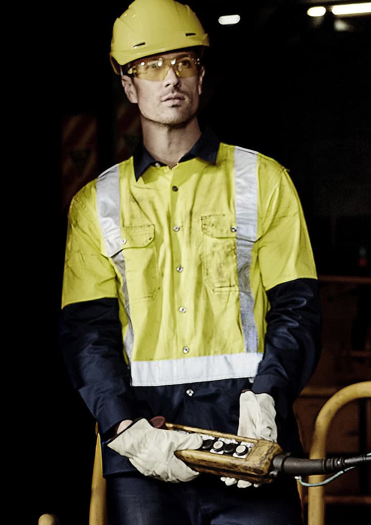 zw124_talent_yellow_navy_02.jpg Mens Industrial Long Sleeve Shirt - Shoulder Taped