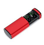 Red charging case with black earbuds featuring green details, includes branding.
