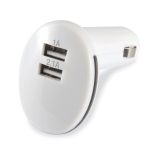 A white USB car charger with two ports, labeled 1A and 2.1A, featuring a circular design.