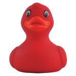 A bright red PVC bath duck with a smiling expression and large eyes, designed for playful bath time.