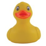 A yellow PVC bath duck featuring a cheerful expression and bright orange beak.