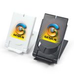 A wireless charger in black and white, featuring a logo and designed for smartphones and technology devices.