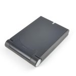 A wireless charger in a sleek black design, featuring a rounded edge and a compact, portable form.