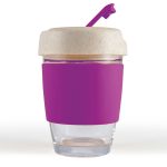 A reusable coffee cup with a purple silicone band and a light-colored lid, featuring a straw and a logo.