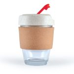 A reusable coffee cup featuring a cork band and a red straw lid, designed for eco-friendly drinkware.