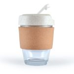 A reusable coffee cup featuring a transparent glass base and a white lid with a straw, encircled by a natural cork band.