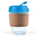 A reusable coffee cup with a clear body, a blue lid, and a cork band for insulation.