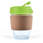 A reusable coffee cup featuring a clear design, a bright green lid, and a cork band for insulation.