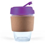 A reusable coffee cup featuring a transparent design with a cork band and a purple lid.