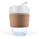 A reusable Vienna Coffee Cup featuring a transparent design with a cork band for grip and a white lid.