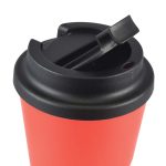 A reusable coffee cup with a bright red exterior and a black comfort lid. The lid features a small opening for sipping.