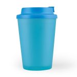 A reusable coffee cup in a translucent blue design with a matching lid. Features a logo.