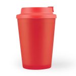 A reusable coffee cup with a red body and matching comfort lid, designed for easy sipping.