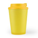 A reusable coffee cup featuring a bright yellow design with a matching comfort lid.