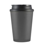 A coffee mug in matte gray with a black handle lid and an integrated logo.