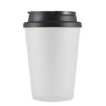 A coffee cup with a translucent white body and a black lid, featuring a logo on the lid.