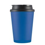 A coffee mug with a vibrant blue body and a black lid, designed for travel and convenience.