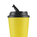 A drinkware item featuring a yellow coffee cup with a black handle lid.