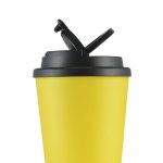 A yellow coffee cup with a black handle lid, featuring a logo on the side.