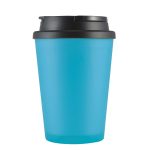 A coffee mug with a translucent blue body and a black handle lid. Ideal for enjoying beverages on the go.
