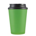 A drinkware coffee mug in vibrant green with a black lid and handle. It features a logo on the surface.