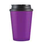 A coffee mug featuring a vibrant purple design with a black handle lid. Ideal for enjoying hot beverages on the go.