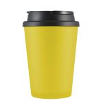 A drinkware item featuring a bright yellow coffee cup with a black handle lid, designed for holding beverages.