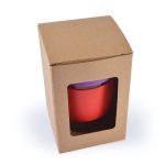 A red reusable coffee cup in a cardboard box, featuring a window to view the cup inside.