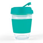 A reusable coffee cup featuring a clear body and a vibrant teal flip lid with a silicone grip band.