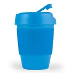 A blue reusable coffee cup with a silicone band and a lid featuring a small opening.