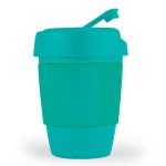A reusable coffee cup featuring a silicone band, designed in a bright teal color with a matching lid.