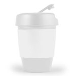 A reusable coffee cup with a white silicone band and a lid, showcasing a minimalist design.