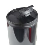 A black travel mug with a flip-top lid and a glossy finish, featuring a logo on the side.