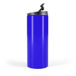 A travel mug in a vibrant blue color with a secure flip-top lid.