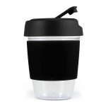 A drink cup with a clear base and a black silicone band, topped with a black lid. It features a logo.