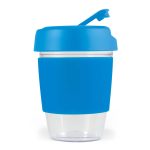 A reusable coffee cup in clear and bright blue with a silicone band and a secure lid. It features a logo.