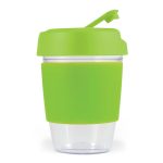 A reusable coffee cup with a clear base and a bright green silicone band and lid.