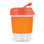 A reusable coffee cup featuring a transparent base and an orange silicone band and lid.