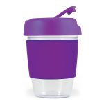 A drink bottle featuring a clear body with a purple silicone band and lid, designed for reusable use.