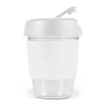 A drink bottle featuring a clear lower section and a white silicone band, topped with a matching white lid.