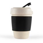 A reusable coffee cup in a speckled beige color with a black silicone band and a black lid. It features a logo.