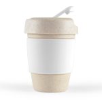 A reusable coffee cup in cream with a silicone band, featuring a lid and a simple design. It has a logo.