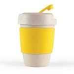 A reusable coffee cup in a speckled white design with a bright yellow silicone band and lid.