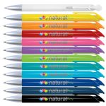 A collection of plastic pens in various colors, featuring silver tips and clips, with logos on each pen.
