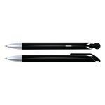 A pair of black plastic pens with silver accents, featuring different styles of pen tips and clips.