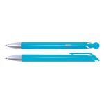 A plastic pen in a vibrant turquoise color with a silver clip and accents, featuring a sleek, streamlined design.
